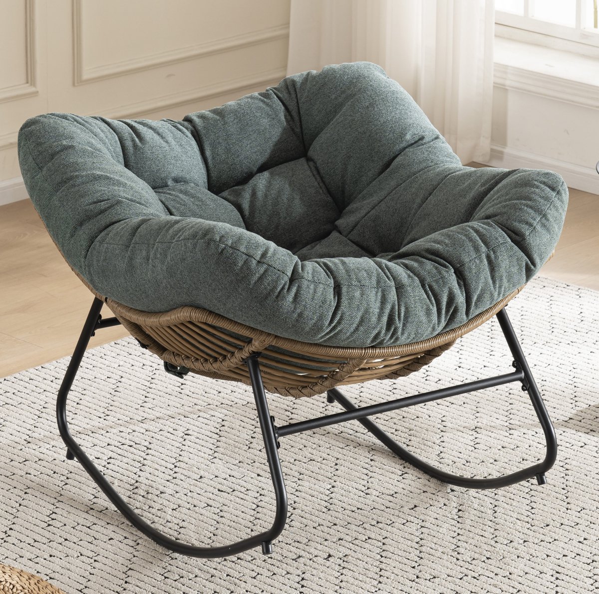 MEUNIQ Schommelstoel groen met chenille bekleding, metalen onderstel en armleuningen, gepolsterde fauteuil voor woonkamer en slaapkamer