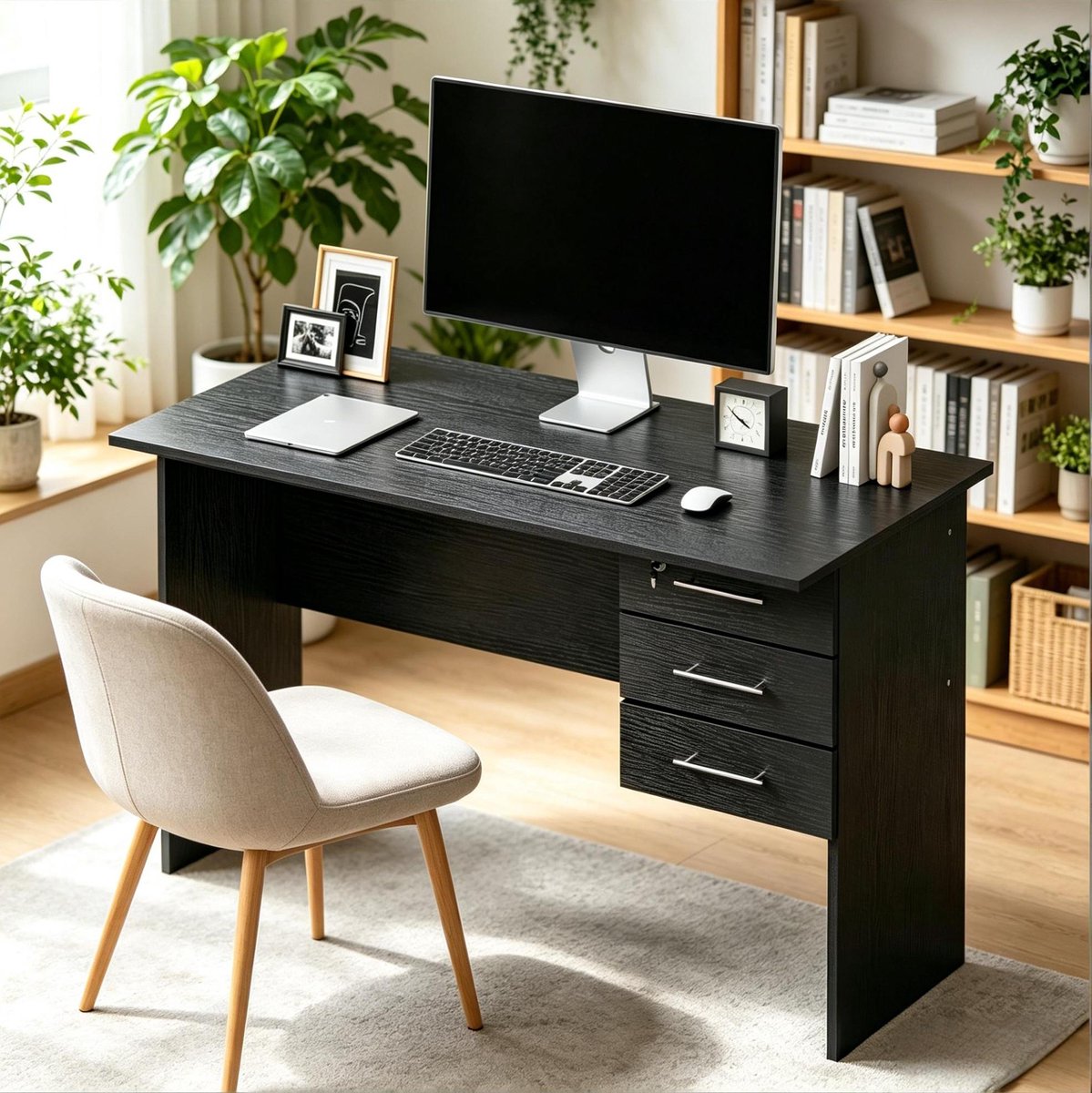 MEUNIQ Bureau 120 x 60 x 75 cm met 3 lades, afsluitbare bovenlade en stalen onderstel, zwart computerbureau voor thuiskantoor en werkkamer