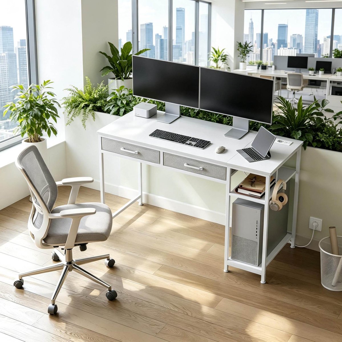MEUNIQ Computerbureau 120 x 51 x 75 cm met 2 stoffen lades, afneembaar zijrek, laadstation, bekerhouder en hoofdtelefoonhaak, wit