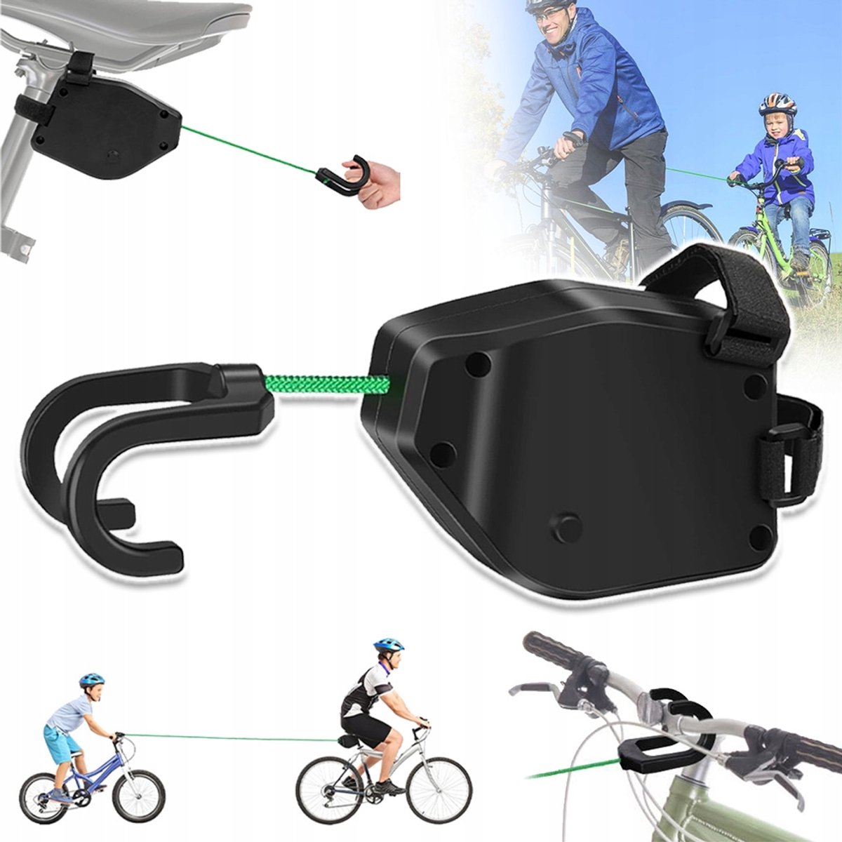 Fietssleepkabel Voor Kinderen – 2,5 m Elastische Trekkabel Met Dubbele Haak – Schokabsorberend En Vergrendelingsclip – 90 kg Trekkracht – Slijtvast Nylon – Zwart/Groen