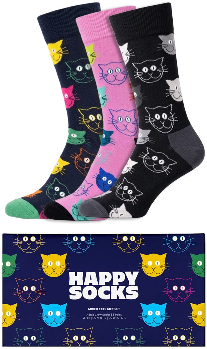 3 Paar – Happy Socks – Giftbox Cats – Dames & Heren – Zwart En Roze