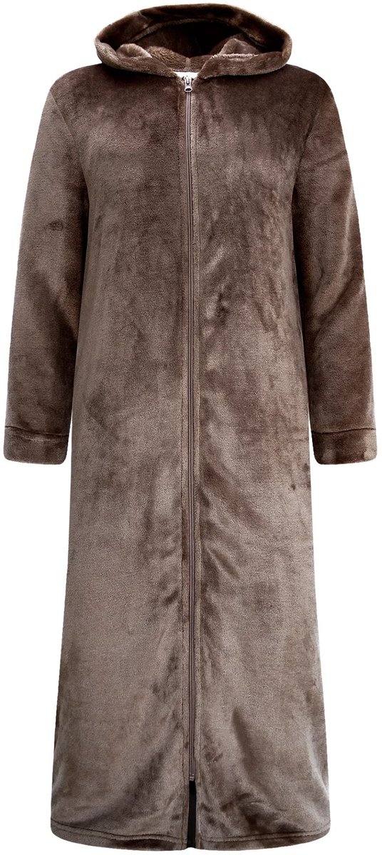 Gaubert® Gaubert Dames Extra Lange Fleece Badjas Met Rits En Capuchon – Koffiebruin