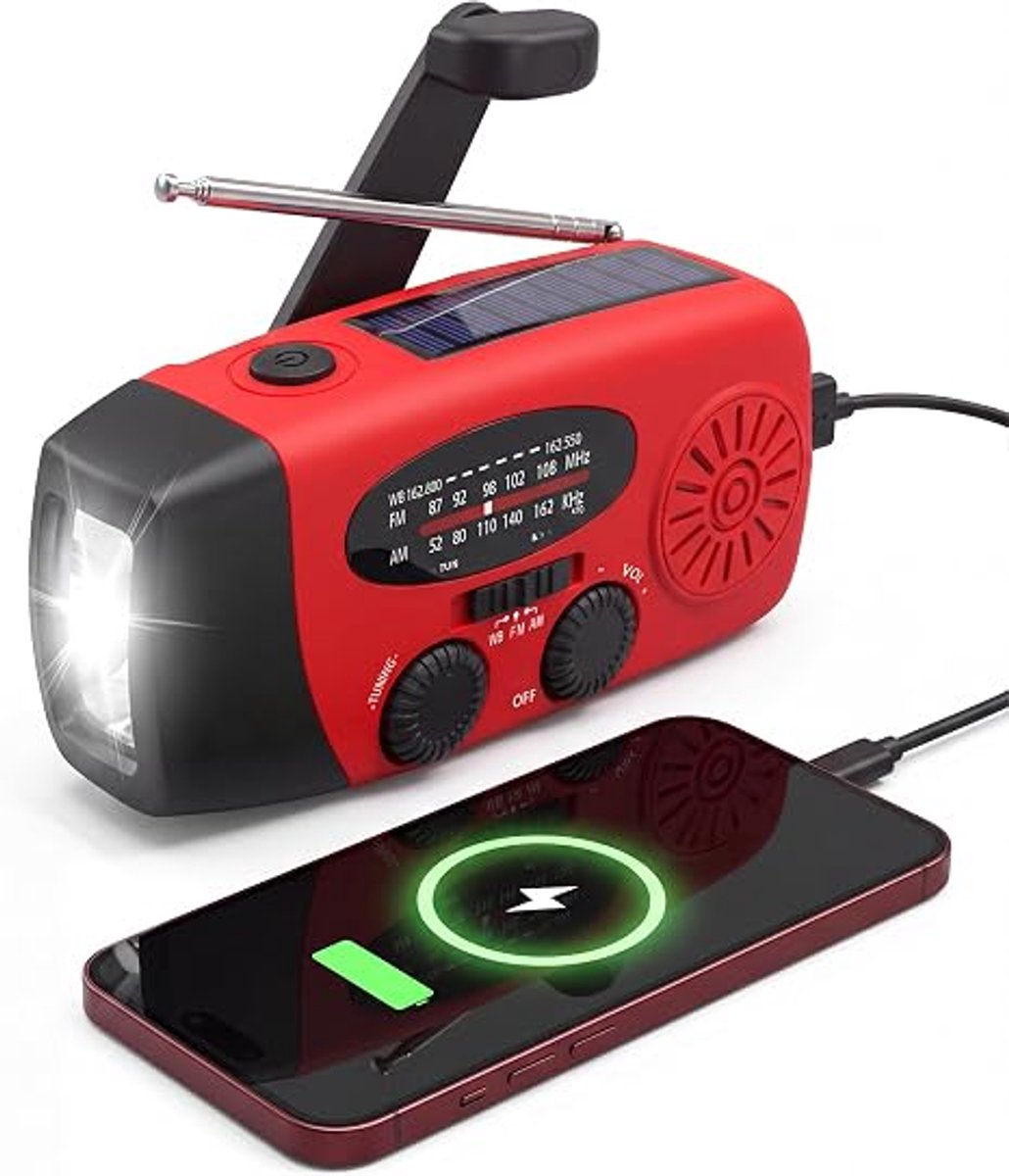 Rode handaangedreven radio met LED-zaklamp, 2000mAh AM/FM noodradio.