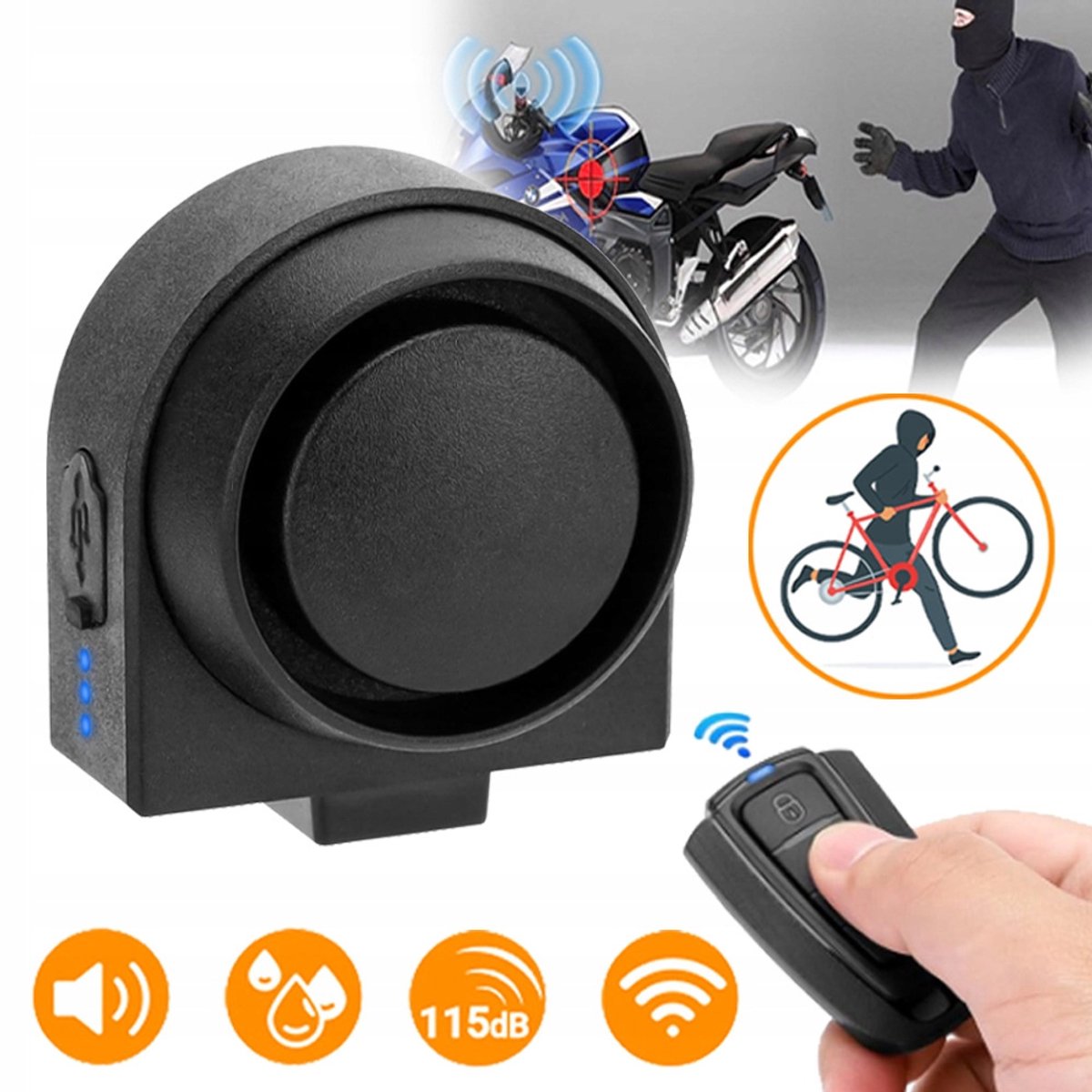 Fietsalarm Met Antidiefstalfunctie En Afstandsbediening – 115 dB En IPX5 Waterdicht – Bereik Van 80 m En Oplaadbaar – Voor Fiets, E-Bike En Motorfiets – Zwart