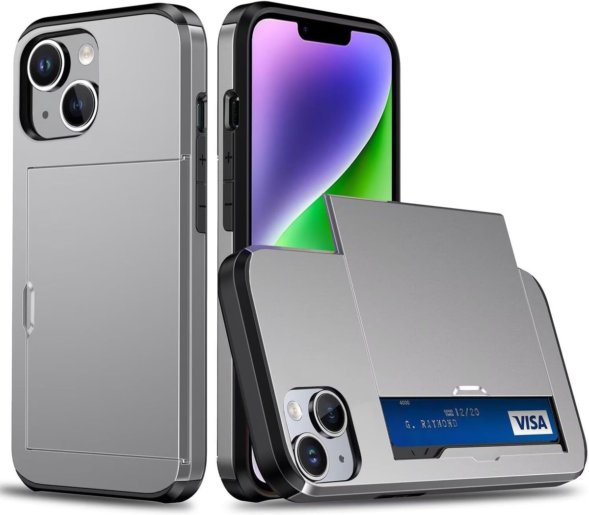 Telefoonhoesje voor iPhone 14/iPhone 13, siliconen, met kaartenvak, siliconen TPU-telefoonhoes, dun, zacht, schokbestendig, flexibel, telefoonhoes, bumper, portefeuille, beschermhoes, grijs