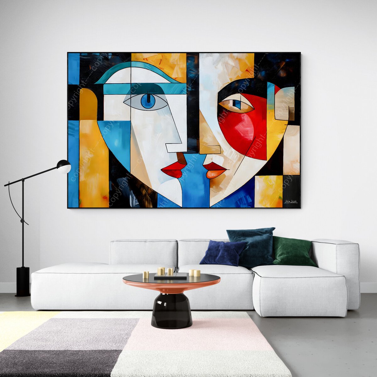 John Joseb Art (Canvas) 120x80 | Man en vrouw, kubisme, abstract, kleurrijk, kunst | gezicht, mens, rood, bruin, blauw, geel, wit, modern | Foto-Schilderij canvas print (wanddecoratie) Canvas, dikte 2 cm