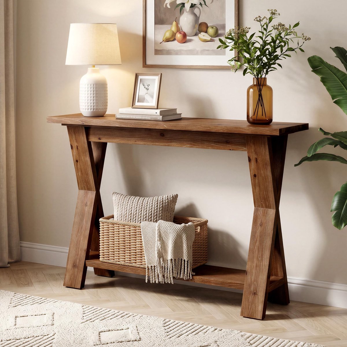 LITTLE TREE Consoletafel - 105 x 30 x 80 cm - Met X-Vormige Poten - 2 Open Planken - Rustieke Landelijke Stijl - Slank Ontwerp - Voor Hal En Woonkamer - Bruin