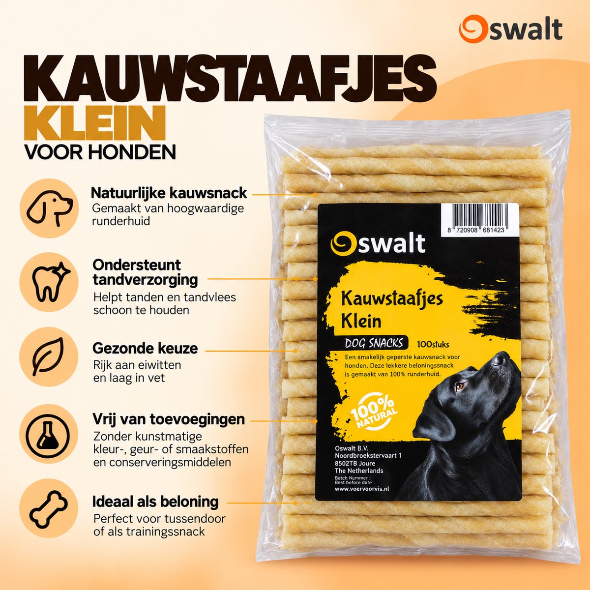 Oswalt Kauwstaafjes - kleine kauwrollen 12,5 cm - Hondensnack - 100 Stuks