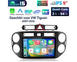 Hexinex 9" Autoradio Geschikt voor VW Tiguan (2007-2016) - Draadloos CarPlay, Android Auto, multimediaspeler, Android 15, GPS NAVI, WIFI, DSP, 2GB+64GB