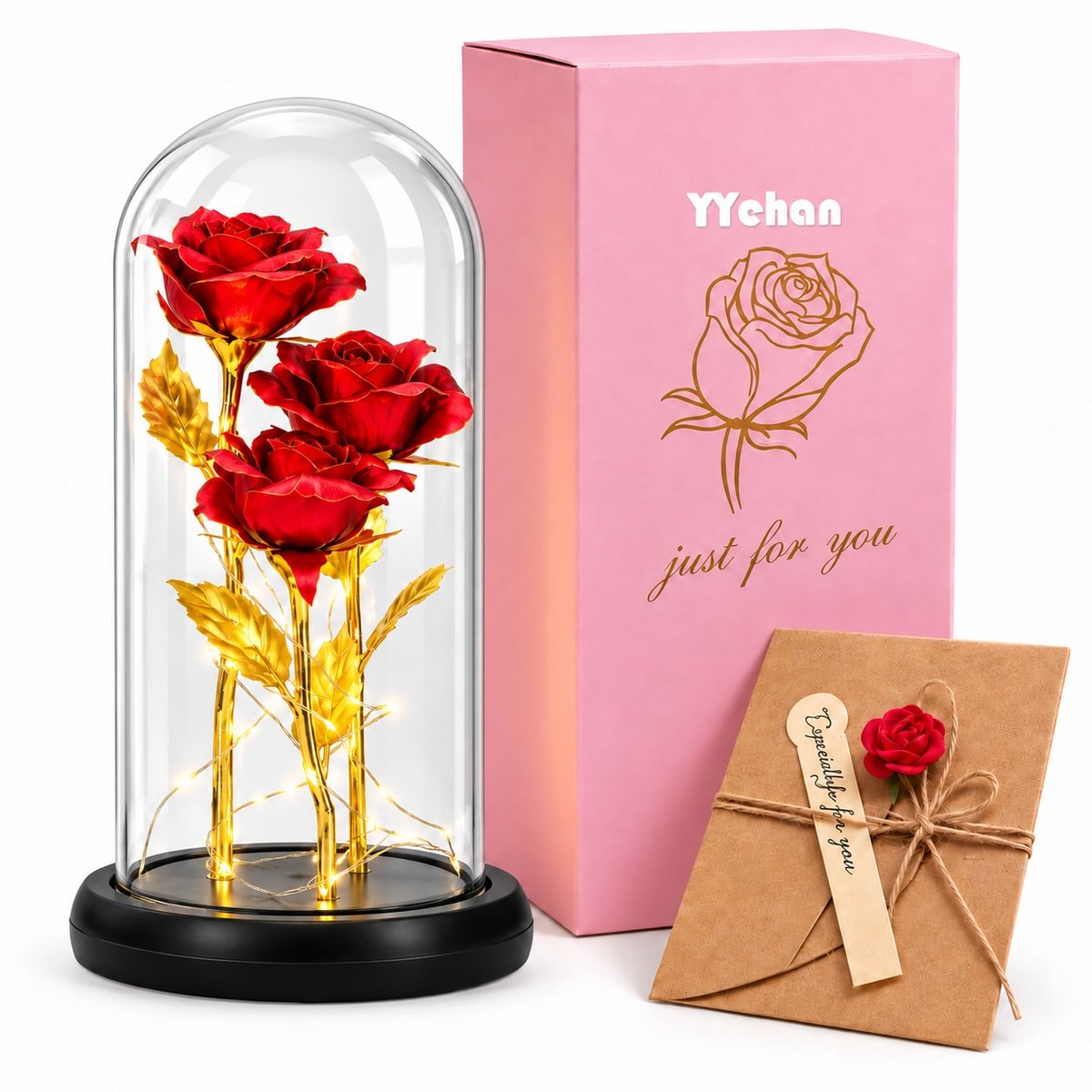 YYchan Eeuwige Roos in Stolp met LED Verlichting - 3 Rode Rozen - Glazen Stolp - Liefdes Cadeau Valentijn Verjaardag Jubileum - Geschenkdoos & Wenskaart
