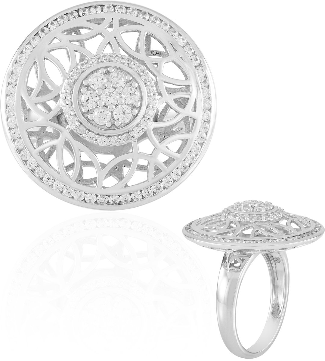 Cavill - Verstelbare Damesring - 925 Sterling Zilver Gerhodineerd - 0,82 ct Cambodjaanse Zirkonen Rond Facet - Opengewerkt & Filigrain