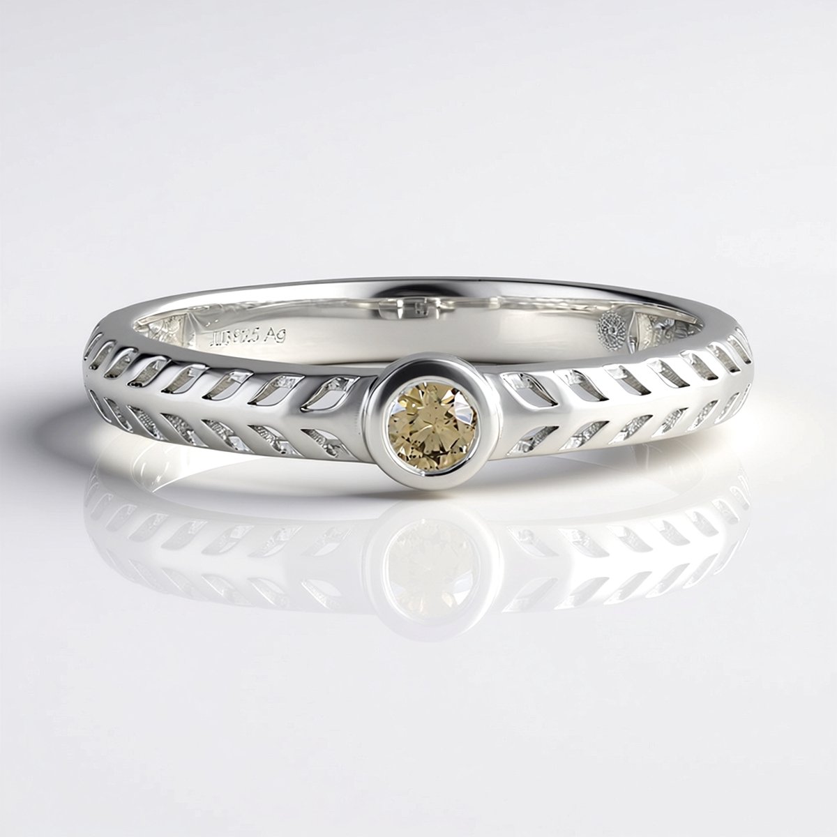 Cavill - Elegante damesring 925 Sterling Zilver - 0,1 ct Champagne Diamant I2 - Ronde Briljant Bezel - Vlochten bandje - Gerhodineerd