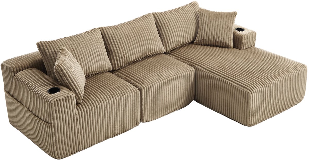 Merax Modulaire Hoekbank Met Chaise Longue - 3 Zits Bankstel - Ribstof Bekleding - 5 Kussens - Bekerhouder - Opbergvakken - Zonder Montage - Zandkleur