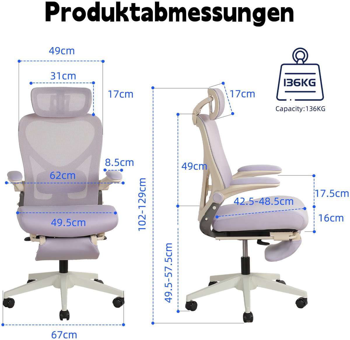 FloraGrace Bureaustoel 67 Cm - Opvouwbare Rugleuning, Hoofdsteun En Lendensteun - Voor Werk, Studie En Spel - Gaas En Schuim - Paars