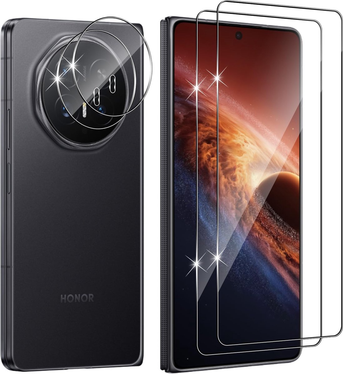 Beschermfolie voor Honor Magic V6, pantserglas, beschermfolie en camera, 2 + 2 stuks, 9H-hardheid, krasbestendig, anti-luchtbelvrij, pantserfolie, displaybeschermfolie