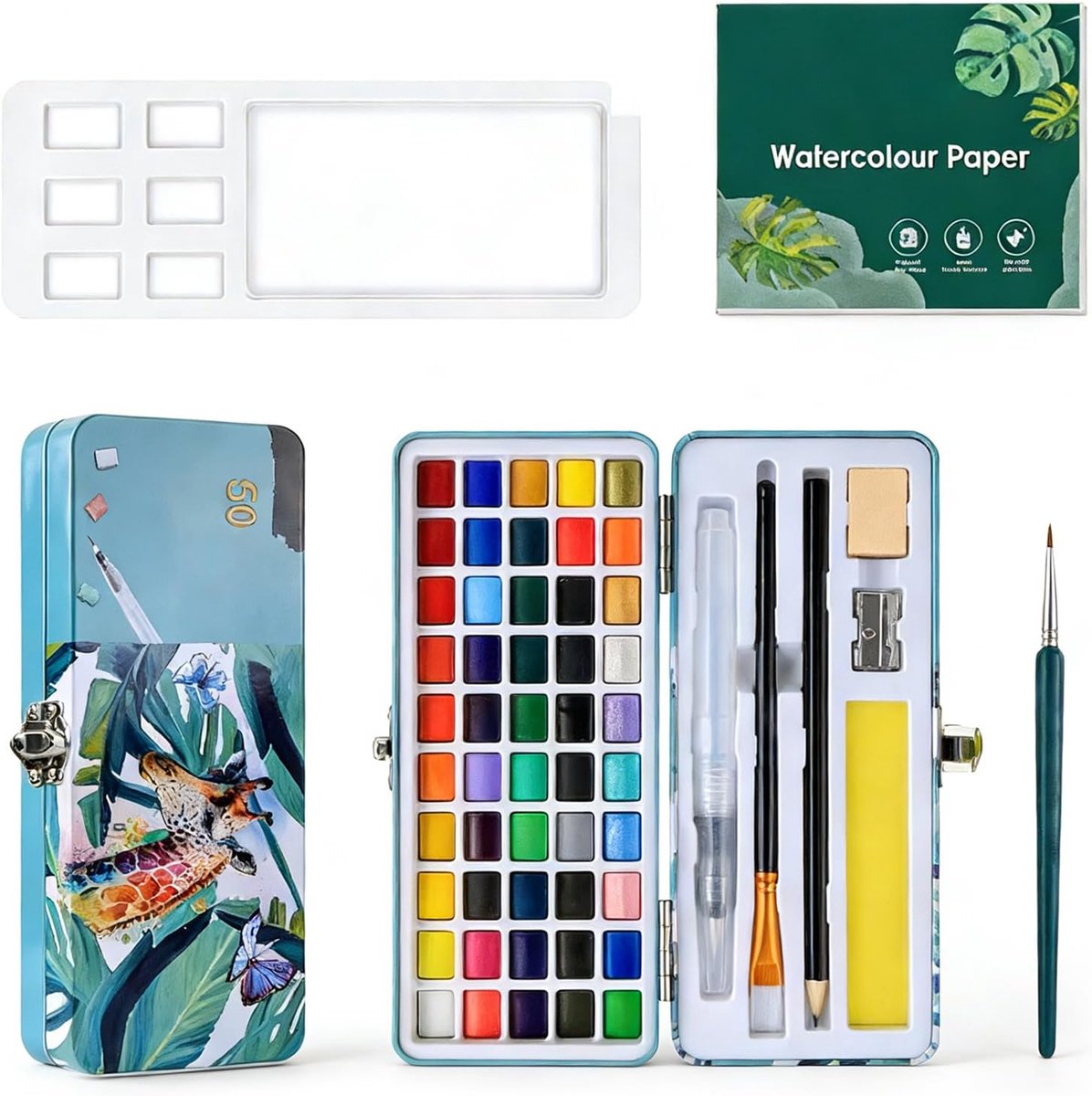 Verfset, 50 kleuren met penselen en draagbaar papier, complete schilderset voor kunstenaars, amateurs en beginners, voor tekenen, illustraties en creatieve vrije tijd