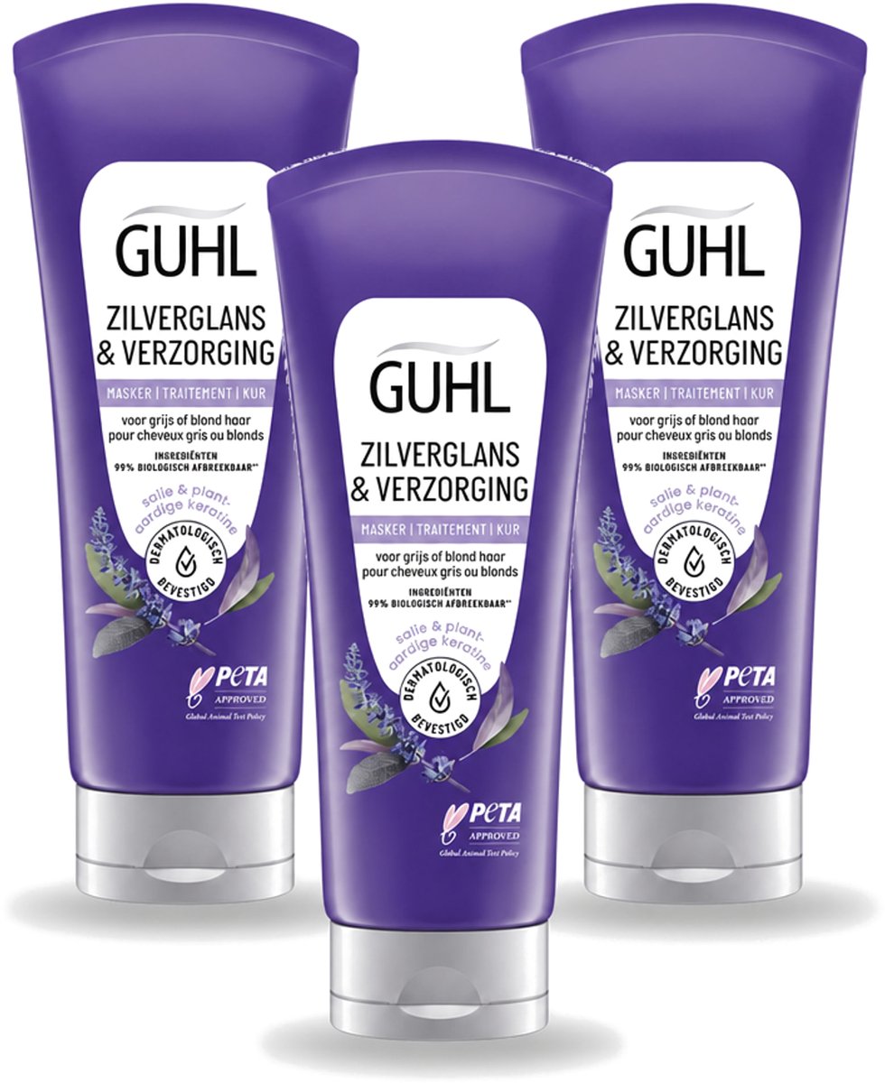 3 x Guhl - Haarmasker - Zilverglans & Verzorging Anti-Geel - 200 ml - Voordeelverpakking - 3 stuks