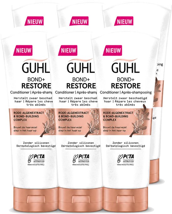 Drie tubes Guhl Bond+ Restore conditioner met rode-algenextract en bond-building complex. Verpakking met 'Nieuw' label.