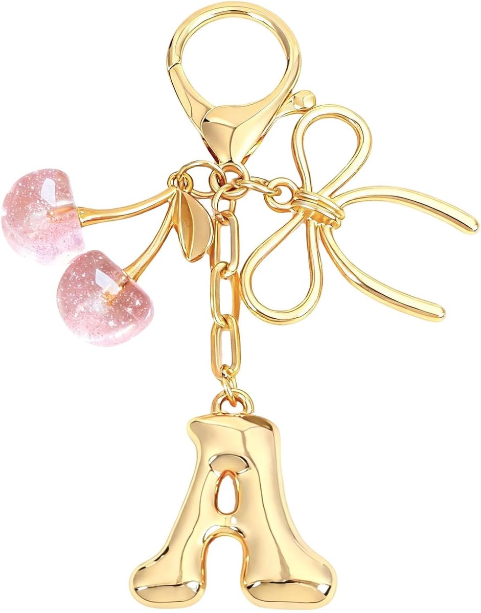 Initial Een Sleutelhanger met Boog & Kersen - Gouden Letter Bag Charms voor Vrouwen, Leuke Portemonnee Handtas Accessoires