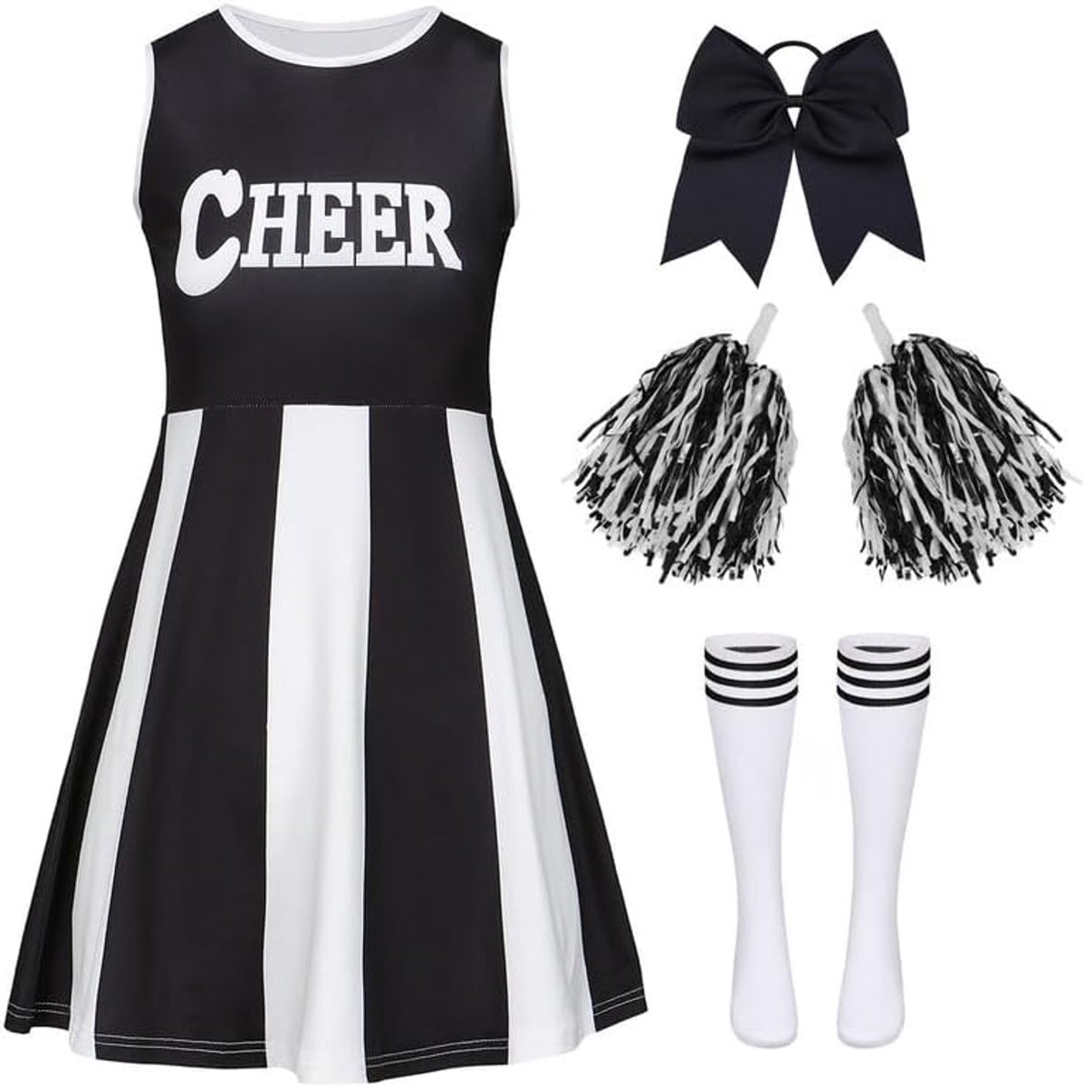 Cheerleader-kostuum voor kinderen, meisjes, cheerleader-kostuum, outfit, cheerleading, uniform, jurk met haarelastiek, pompons en sokken, carnavalskostuums voor kinderen, voor carnaval