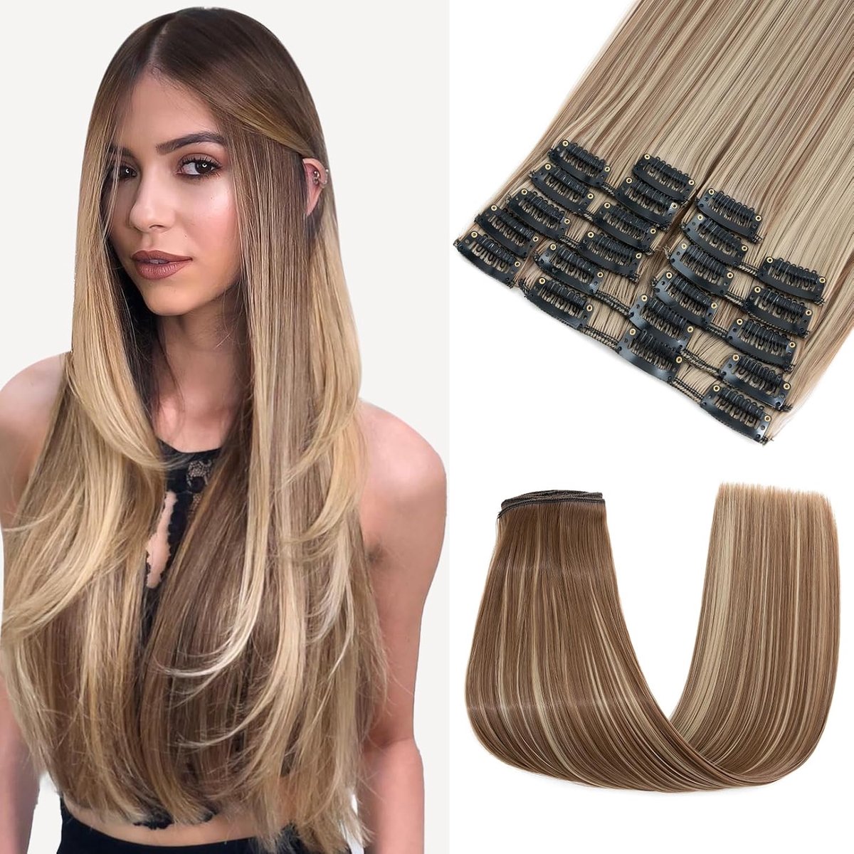 Extensies, haarverlenging, haarstukje, glad, [lichtbruin mix asblond], 12 strengen, lengte 55 cm, haarstukjes, haarextensie clips voor dames, 180 g