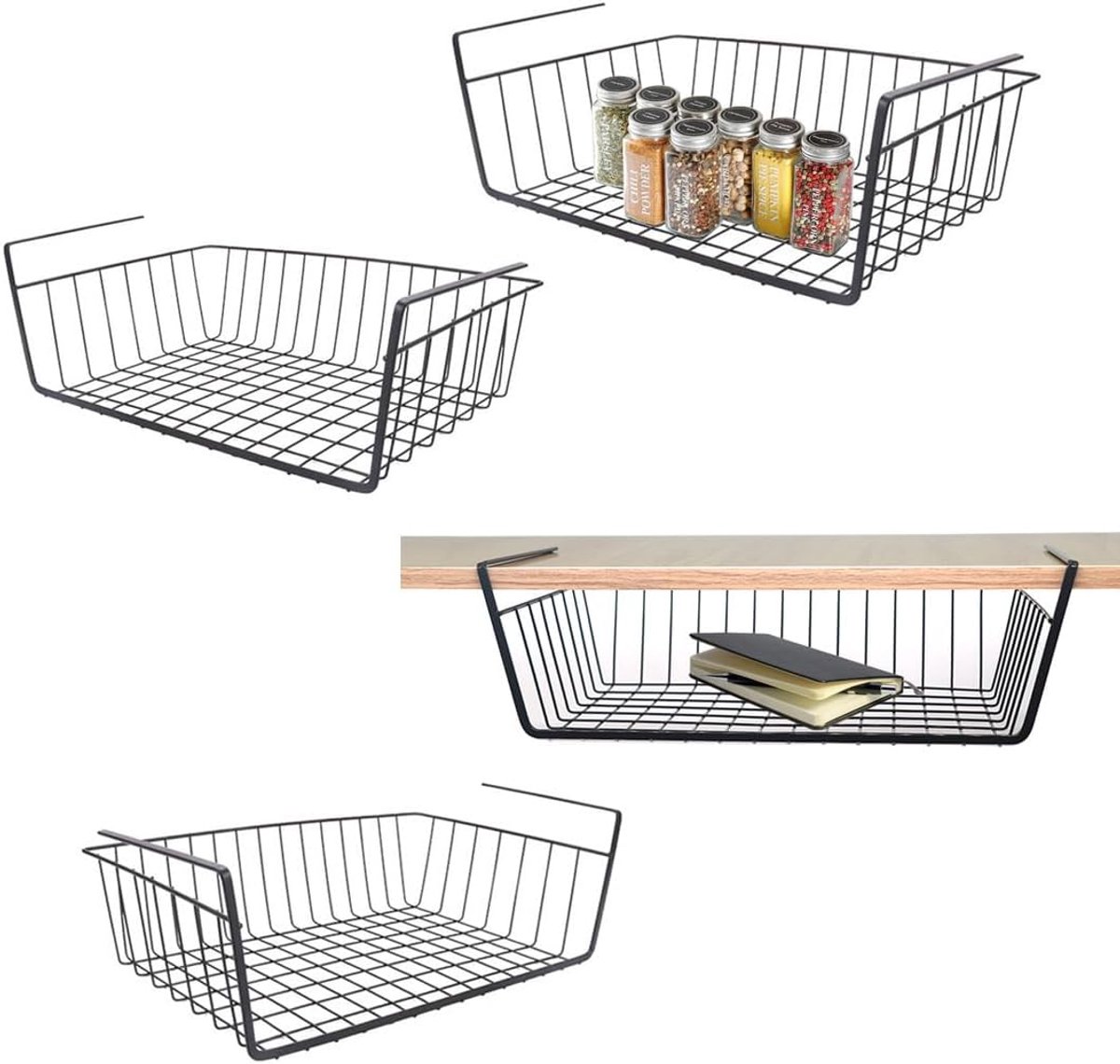 Opbergmand onder plank, hangende metalen draad opbergmand, organizer voor onder plank, verwijderbaar voor keuken, kasten, planken, kast, badkamer, kantoor (4 stuks zwart)