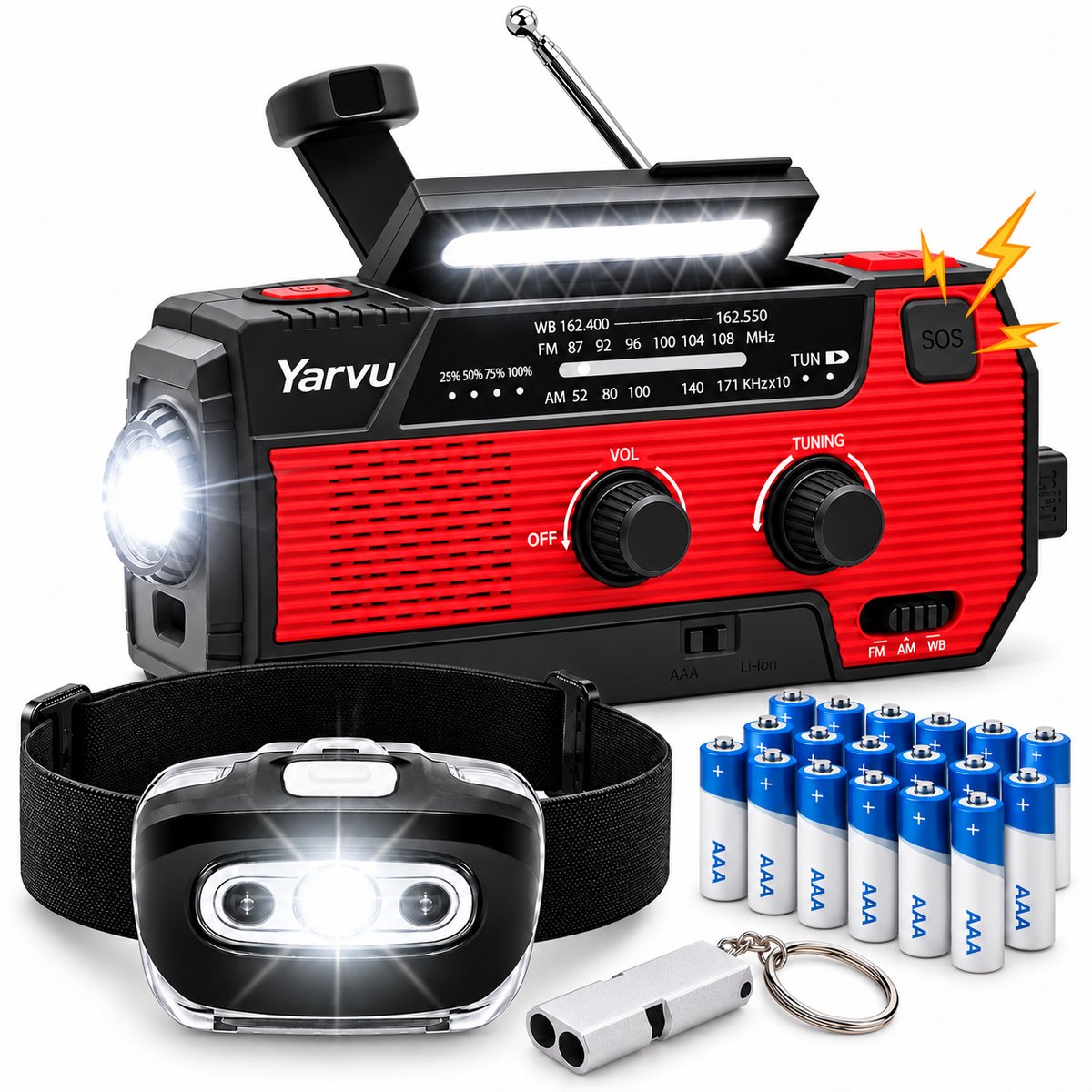 Noodpakket - Noodradio op Batterijen + HoofdLamp LED op Batterijen + 16 Pack aaa Batterijen + Noodfluit - Noodpakket - 6 in 1 Nood Radio - Nood Pakket - Rood