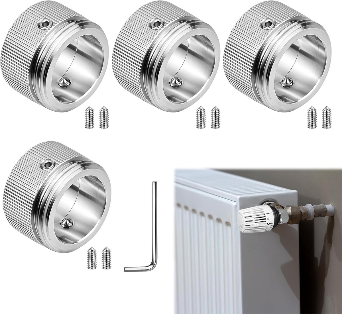 4 stuks, 304 roestvrij stalen radiatorregelaaradapters M30 x 1,5, geschikt voor RA/RAV/RAVL ventielen 22 mm, verwarmingsventieladapter incl. inbussleutel