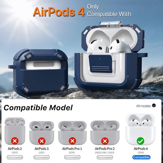 Voor AirPods 4 generatie Case Cover 2024, militair schokbestendig, zacht TPU zeer transparant anti-vergelend voor AirPods 4 Case met reinigingsset en schattige ronde gesp, Blauw — afbeelding 5