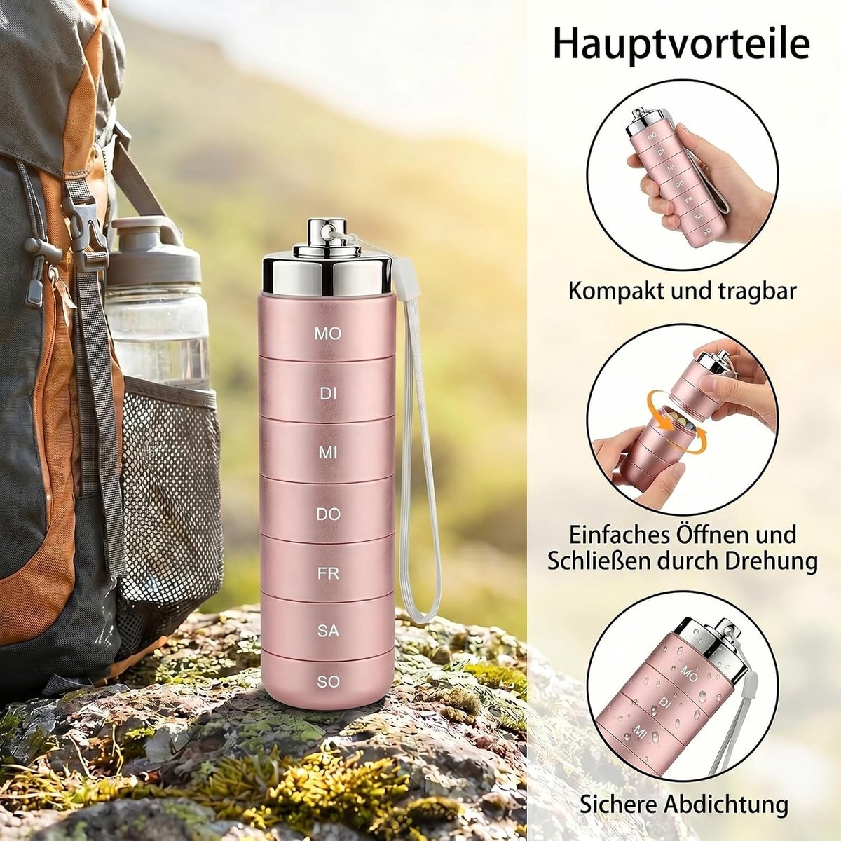Draagbare pillendoos voor 7 dagen, waterdichte medicijndoos met 7 vakken voor vitaminen, tabletten en supplementen, ideaal voor reizen en dagelijks gebruik (roze)