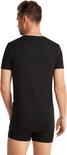 Zwart t-shirt met V-hals, korte mouwen, achterkant, gedragen door een man.