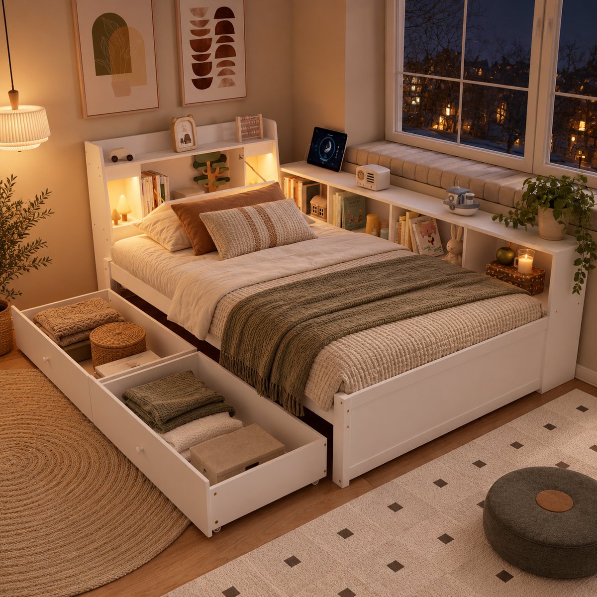 Welltin Eenpersoonsbed 90x200 cm - Slaapbank - Kinderbed - Multifunctioneel bed - Grenenhout - Met hoofdbord - Met 2 lampen - Met oplaadaansluiting - Met opbergruimte - Met lades - Wit