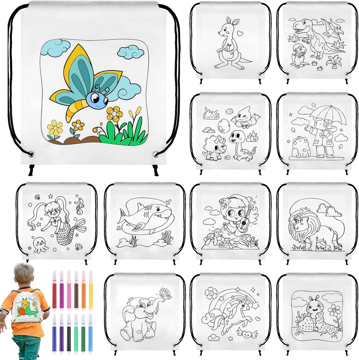 12-delige DIY Graffiti Tas Set voor Kinderen - Herbruikbare Trekkoord Tassen met 12 Stofstiften - Kleurrijke Party Geschenken voor Verjaardagen en Creatieve Activiteiten