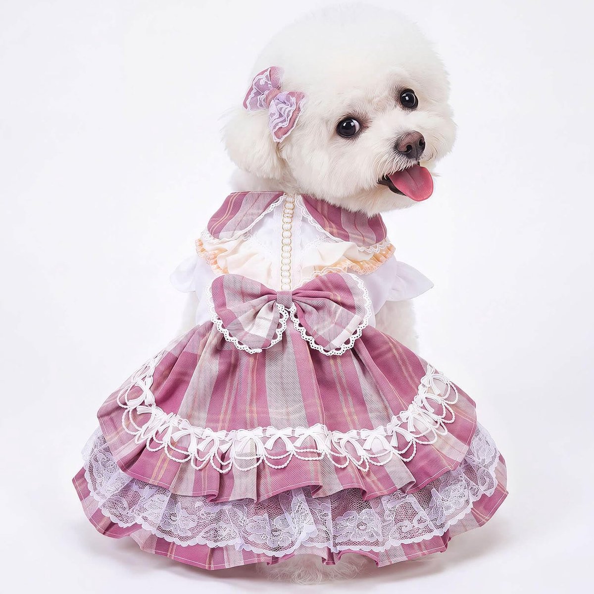 Schattige geruite hondenjurk, puppykleding met grote strik en kanten ruches, kleine honden, meisjesjurk met haarstrik (M)