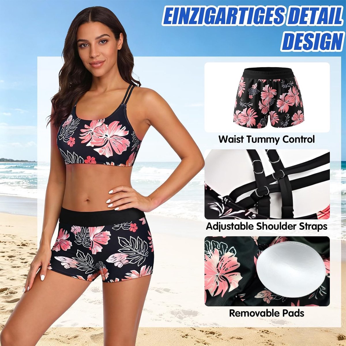 Tankini-set voor dames, badpakset voor dames, tankini-set met bloemenpatroon, strandpak met holle rug, onmisbaar voor de zomer