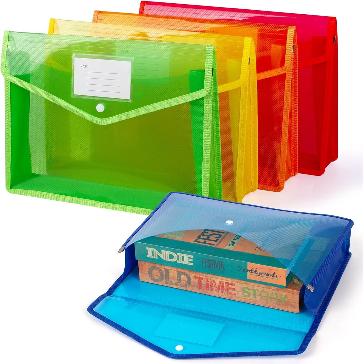 Plastic portefeuilles, 5 stuks kleurrijke bestandsmappen, plastic map met drukknoopsluiting voor school, kantoor, thuis, grote capaciteit documentenportefeuilles voor papierwerk, enveloppen en