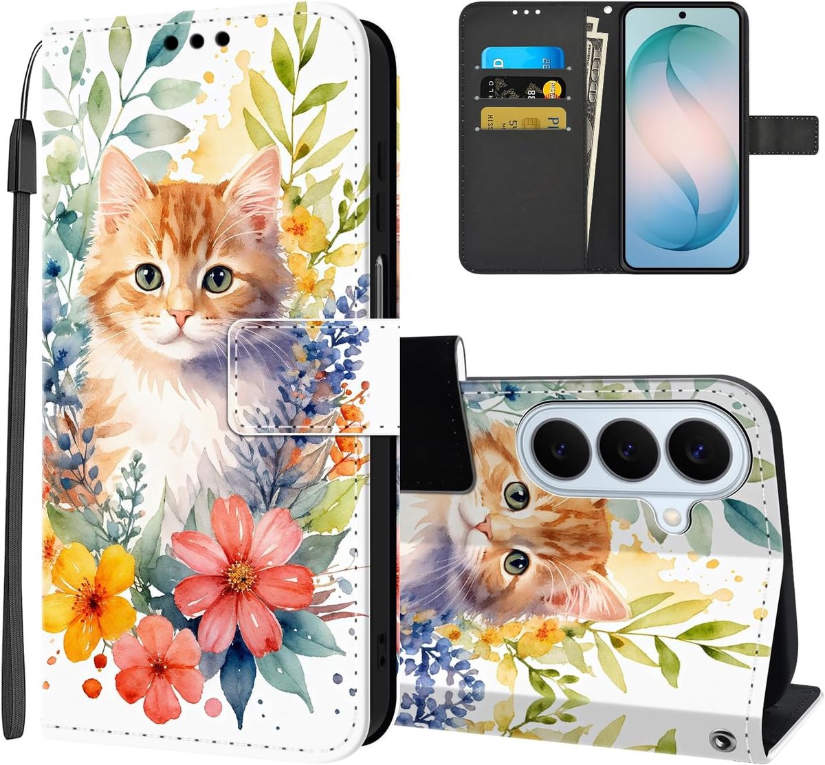 Telefoonhoesje voor Samsung Galaxy S26 5G, premium PU-leren klaphoes met patroon, beschermhoes, magneetsluiting, kaartenvak, standfunctie, flip case, telefoonhoes voor Samsung S26, kat en