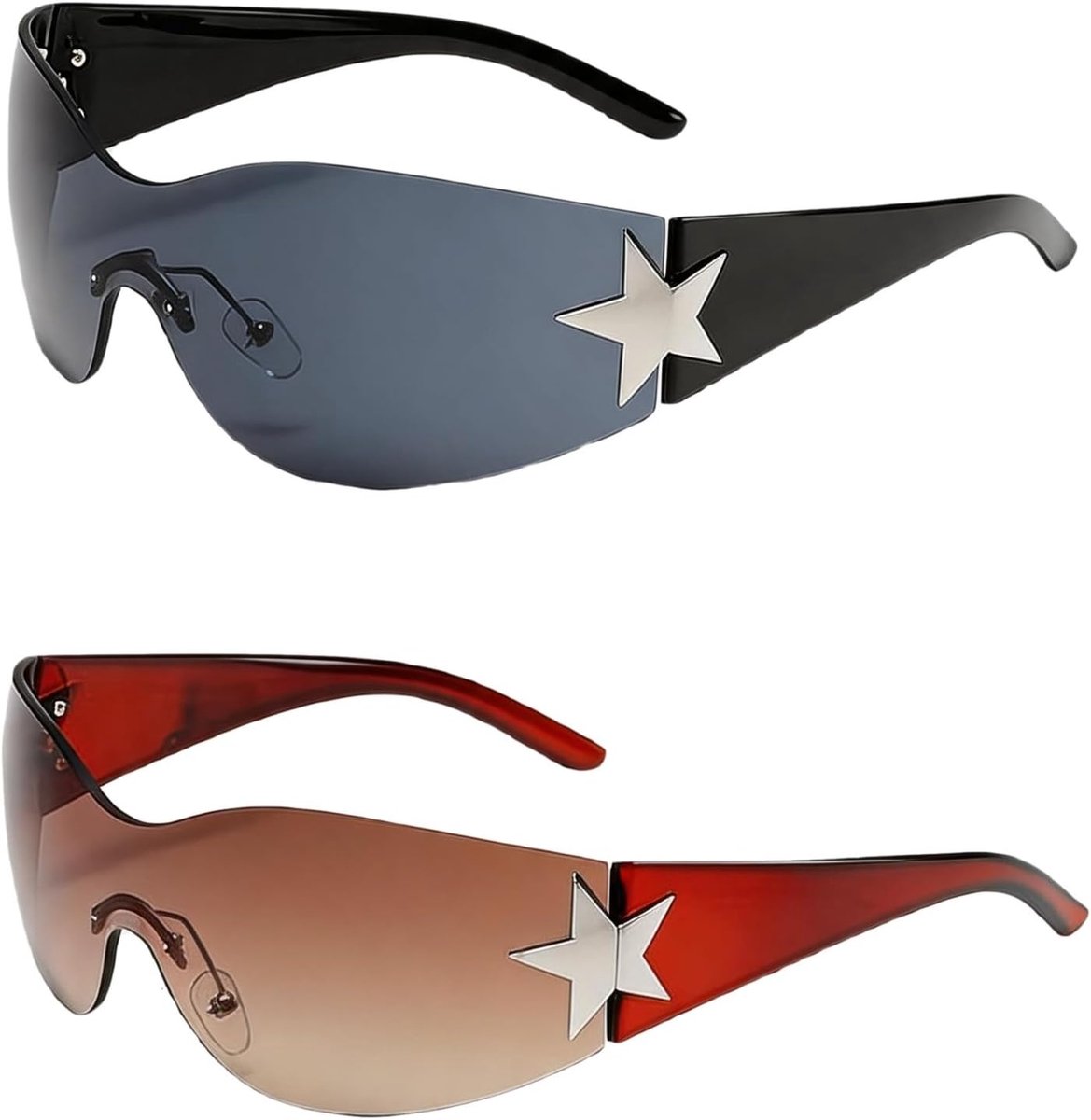 Zonnebrillen Y2K Wrap Around voor dames en heren, frameloze, mode met ster, oversized glazen, voor buiten