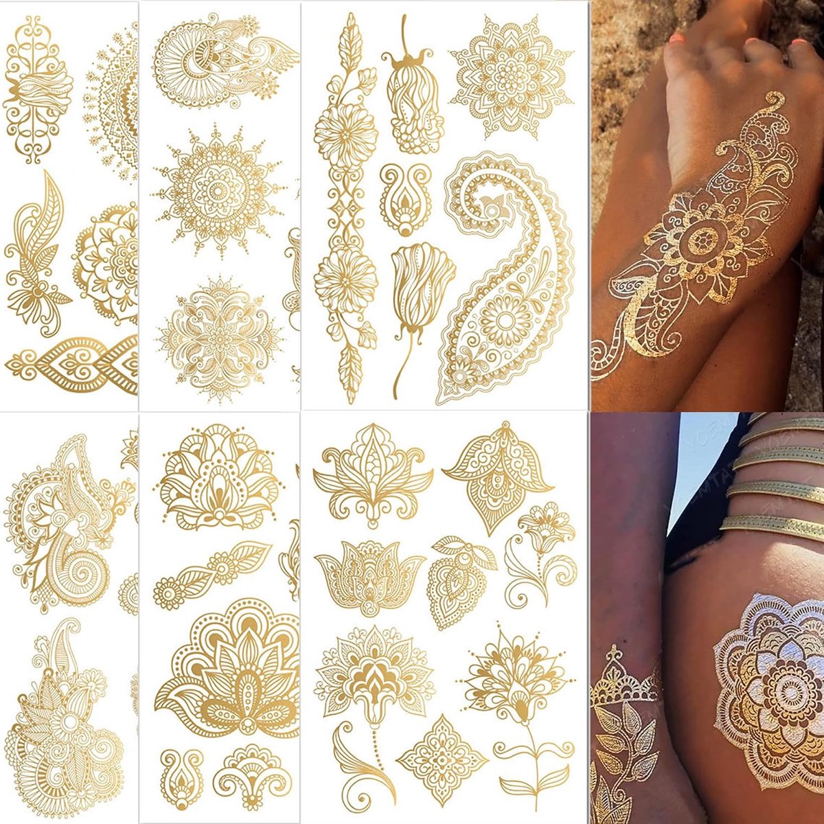 Tijdelijke tatoeages, 6 grote vellen goud metallic (48+designs)festival accessoires | glitter gezicht | henna tattoo | flash tatoeages opplakken dames