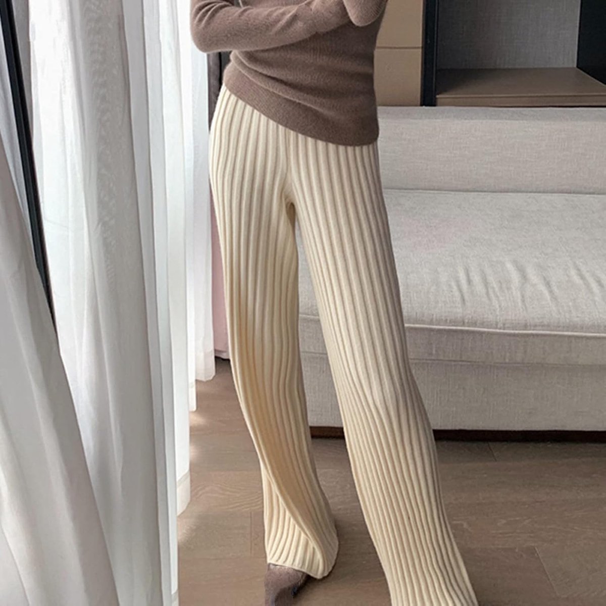 Wijde Pijpen Broek - Dames Dikke Gebreide Broek Herfst Winter Modieus Warm Gestreept Gebreid Abrikoos Hoge Taille Losse Wijde Pijpen Broek Dames Streetwear Elegant Kerstmis Nieuwjaar Geschenk