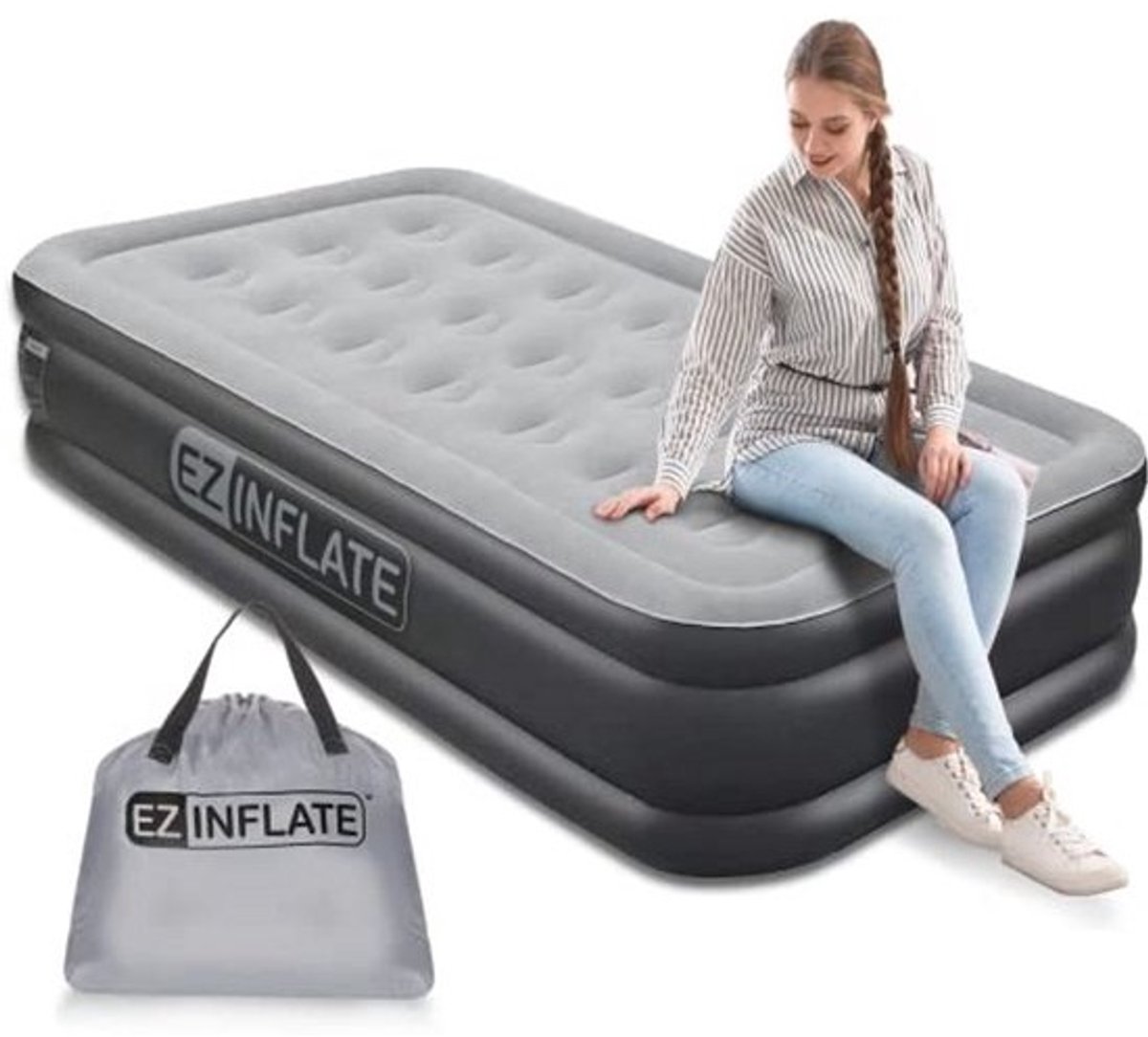 Opblaasbaar Luchtbed met Ingebouwde Pomp voor Thuis en Camping - Luxe Opblaasmatras Twin