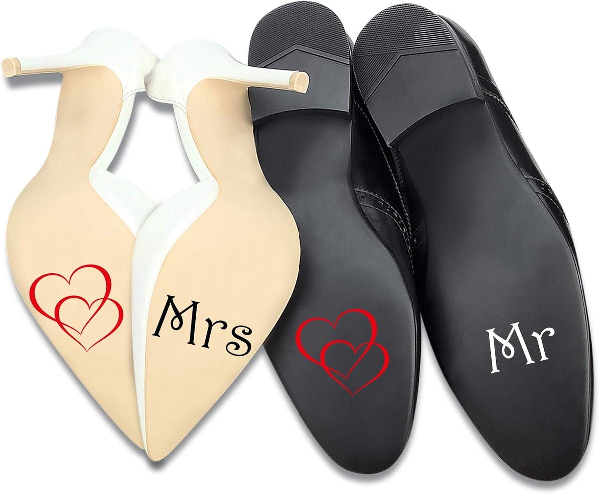 Stickerset voor bruiloftsschoenen, zelfklevende stickers voor bruiloft, trouwschoenen, huwelijkssticker, folie met zelfklevende spreuken en symbolen (Zwart Wit, K125 K126 Mrs Mr)