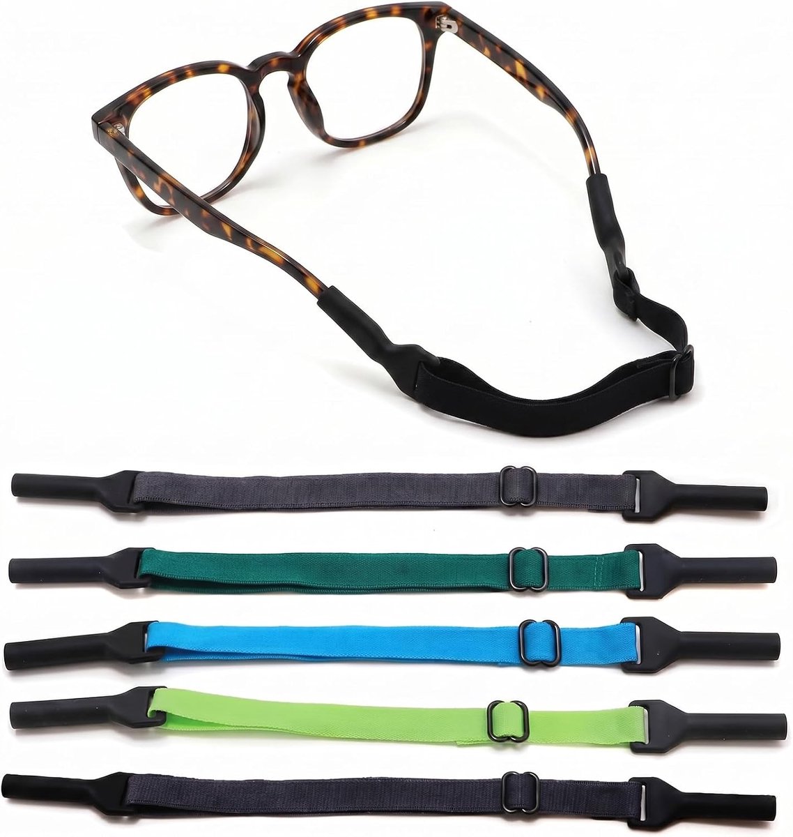 Stevige en antislip brillenband, 5 stuks, van polyester en siliconen, voor kinderen en sport, hoge elasticiteit, ketting past zich aan verschillende hoofdmaten aan, meerkleurig