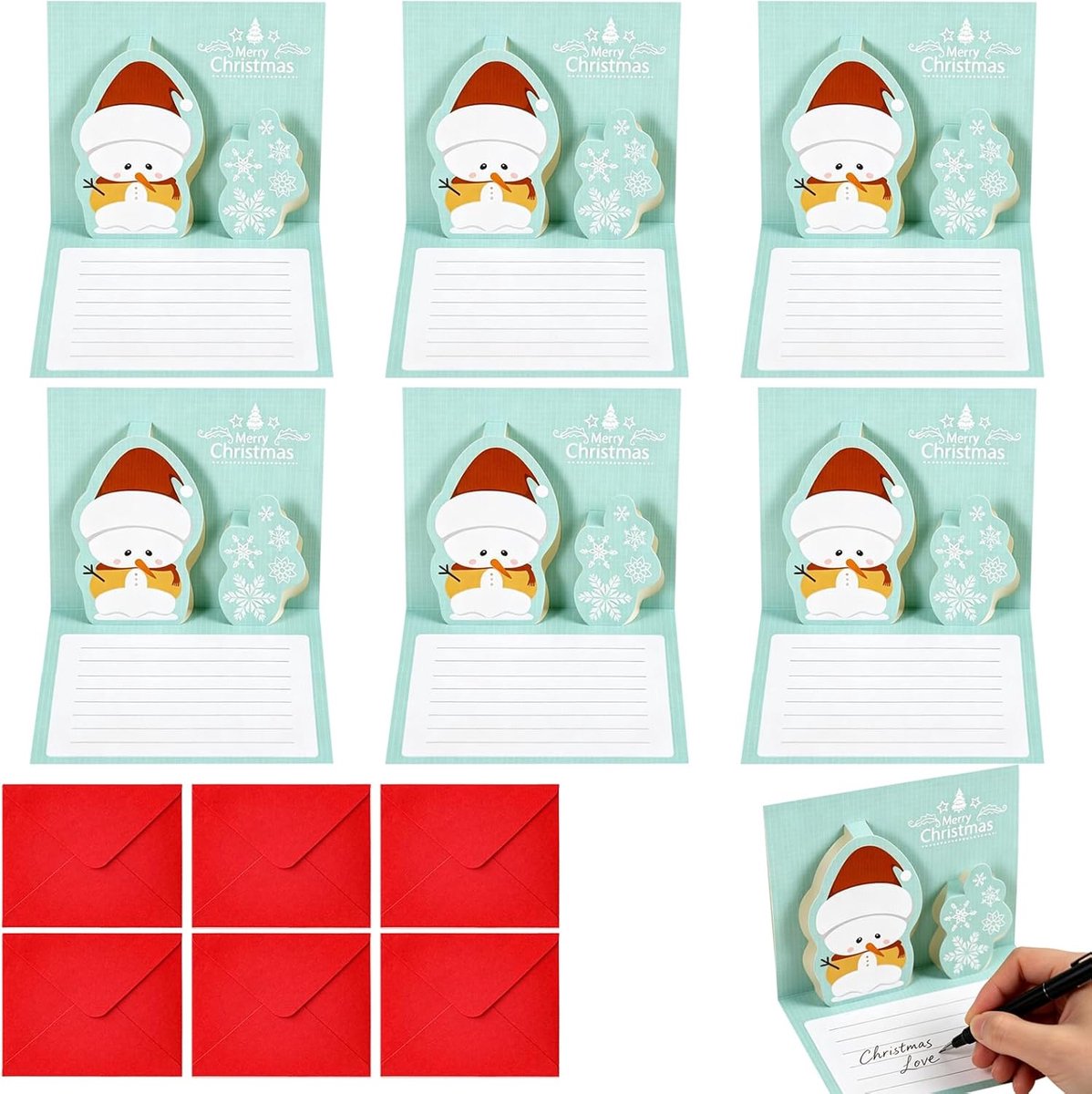 6 3D Kerstkaarten Sneeuwman Sneeuwvlok Pop-Up met Enveloppen