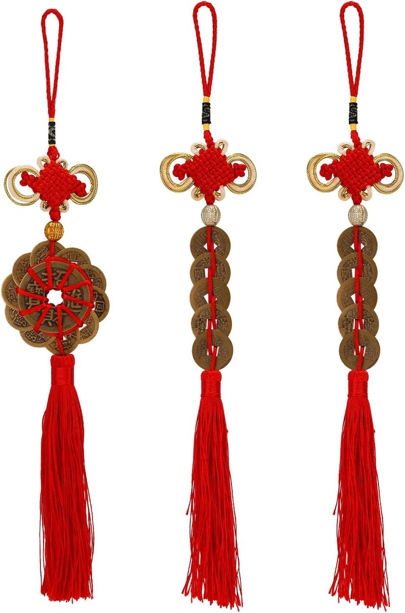 3 Stuks Chinese Feng Shui Munten Decoratie, Chinese Knoop Auto Decoratie Feng Shui Deurhanger Rode Munten Kwastjes Ornamenten Geluksbrenger voor Gezondheid Zegeningen Succes Rijkdom Welvaart