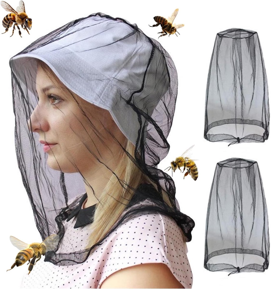 Head Net, 2 stuks muggennet, hoofdbescherming tegen insecten, vliegen, muggennet, nylon hoofdnet, gezichtsbescherming tegen insecten, camping, net