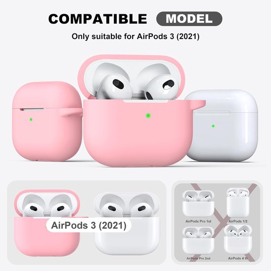Compatibel met AirPods 3e generatie 2021, voor AirPods 3 gen Case Cover met Cleaner kit en sleutelhanger, Zachte Silicone Beschermer voor Apple AirPods 3 Case, Roze — afbeelding 2