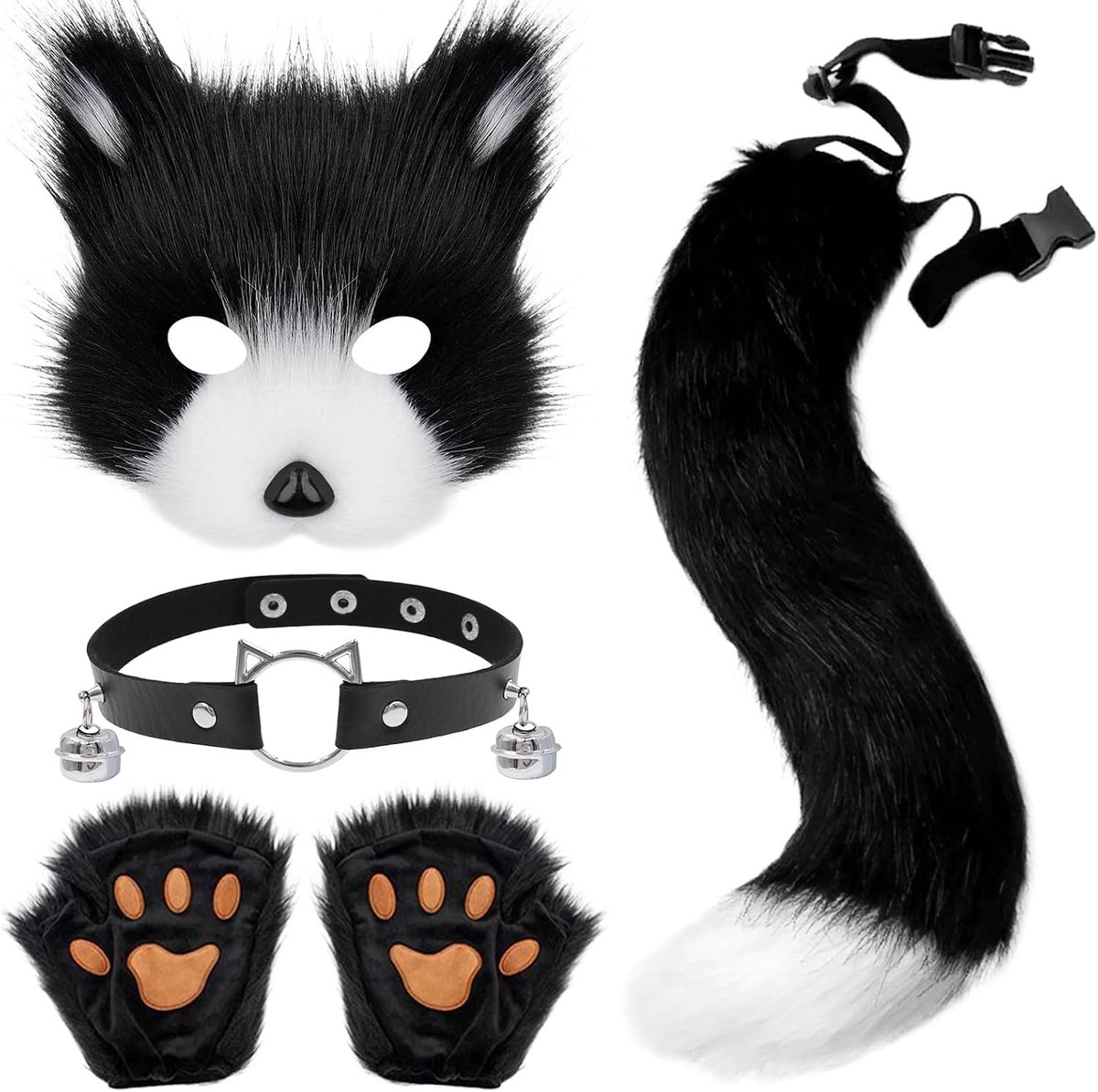 Fox Kostuum met Pluche Handschoenen, Masker, Belletjes en Ketting voor Halloween en Carnaval Cosplay Feest