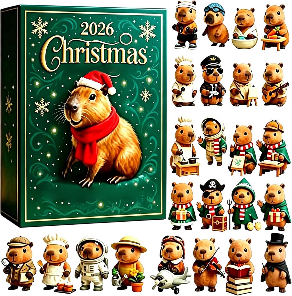 Casalora Kerst Aftelkalender 2026 – 24 Dagen Countdown met 24 2D Acryl Decoraties – Kerst Cadeau en Tafeldecoratie–- Voor Kinderen en Volwassenen - Capibara Thema