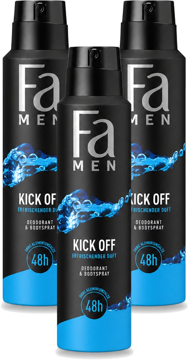 3 x Fa Men - Deodorant Lichaamsspray - Kick-Off - Verfrissend - 48 uur Bescherming - 150 ml - Bulkverpakking - 3 stuks